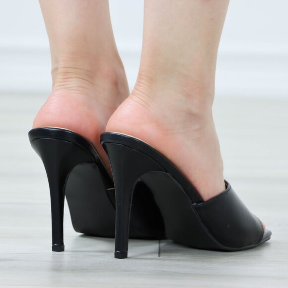 Black High Heel Sandals Square Open Toe Slip On Mules Stiletto's - Picture 11 of 11